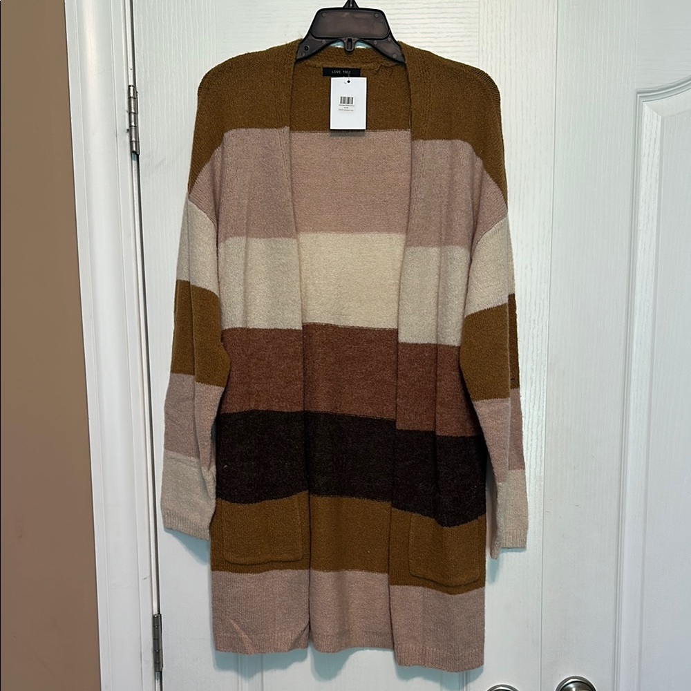 Striped Brown, Mustard Yellow, Pink and Cream Women's Cardigan